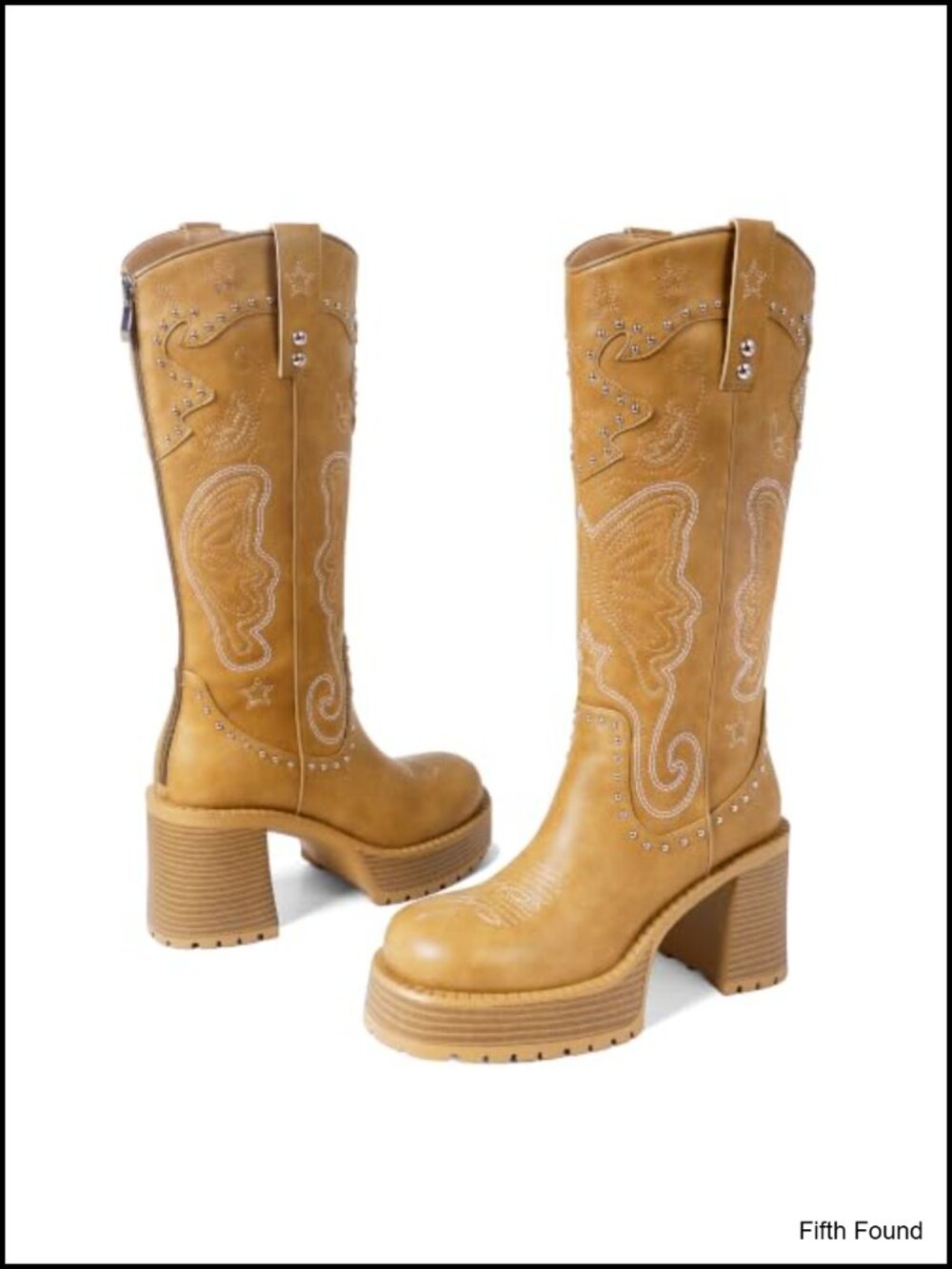 Knee High Western Boots Leather Platform Chunky Heel Round Toe Cowgirl